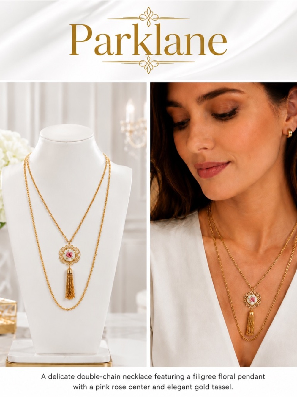 Park Lane Gold Double-Layer Necklace with Pink Rose Medallion